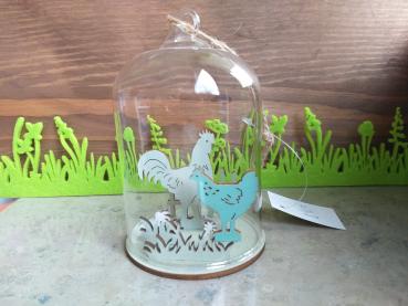 Glaskuppel mit Hahn und Henne zum Hängen oder Stellen 10,5cm