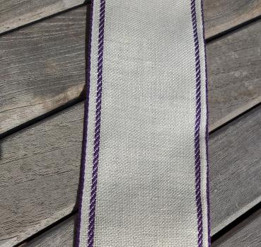 Leinenband 11-fädig gebleicht mit lila Rand, 7cm